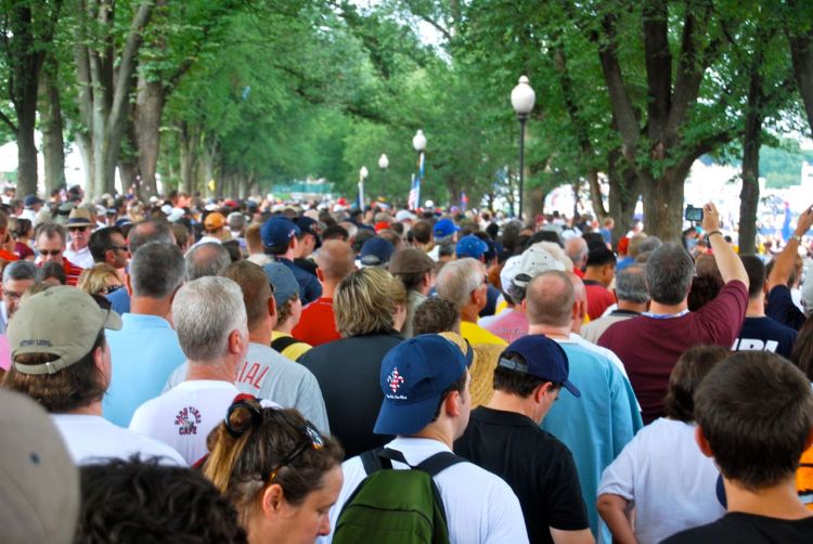 The crowd in the tree line near the reflecting pool